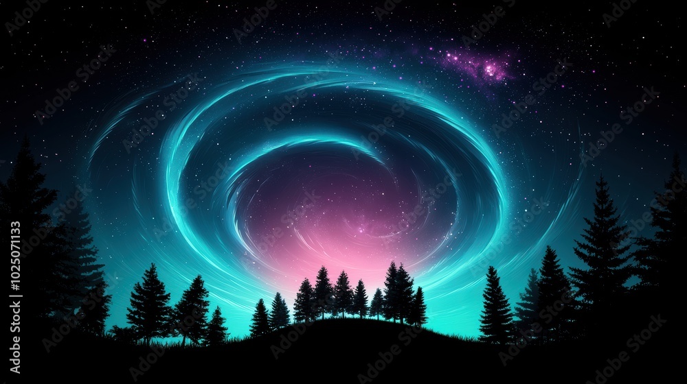 Naklejka premium A swirling vortex of ethereal mist glowing with otherworldly light against a backdrop of a star filled night sky and silhouetted trees.