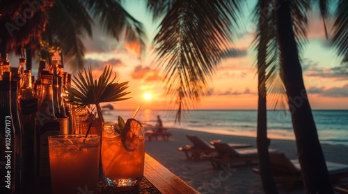 Two Refreshing Cocktails on a Beach Bar Counter at Sunset photo