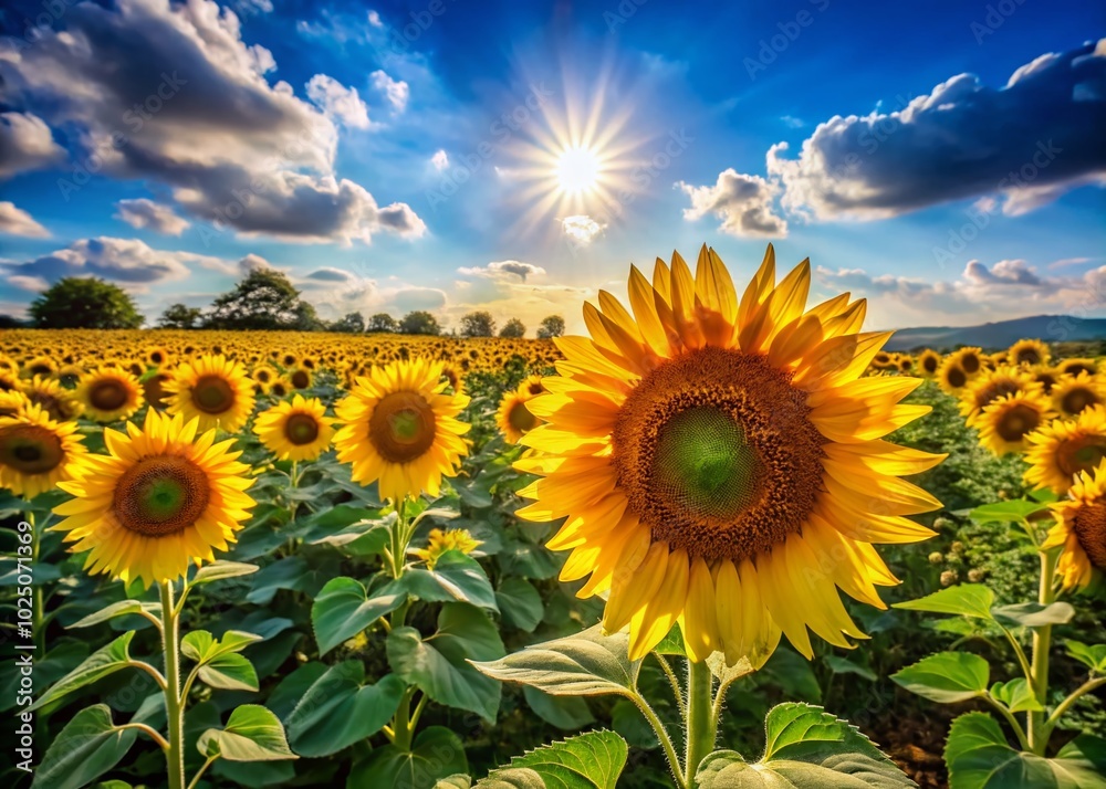 Fototapeta premium Captivating High Resolution Photography of a Vibrant Sunflower Field Under a Clear Blue Sky for Nature Lovers and