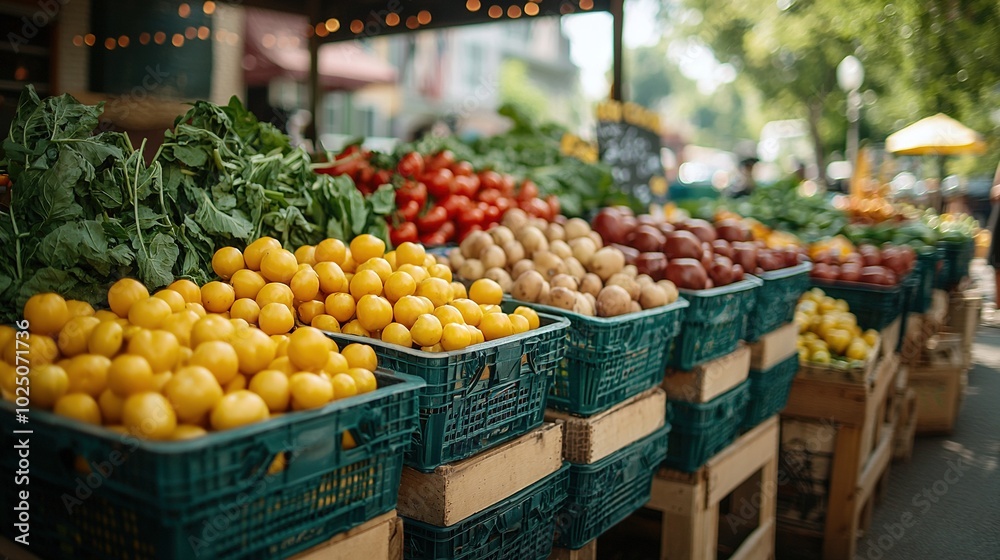 A variety of fruits and vegetables are displayed at the farmer's market, featuring tomatoes, lemons, spinach, and broccoli A variety of fruits and vegetables are displayed at the farmer's market, featuring tomatoes, lemons, spinach, and broccoli