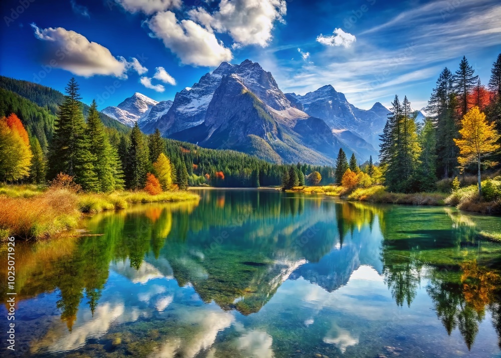Captivating Landscape with Majestic Mountains and Serene Lake Under Clear Blue Sky – Nature's Beauty and Tranquility