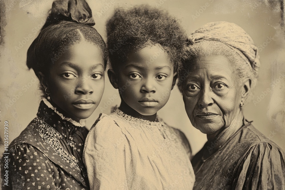 daguerreotype-style portrait of three generations of african American ...