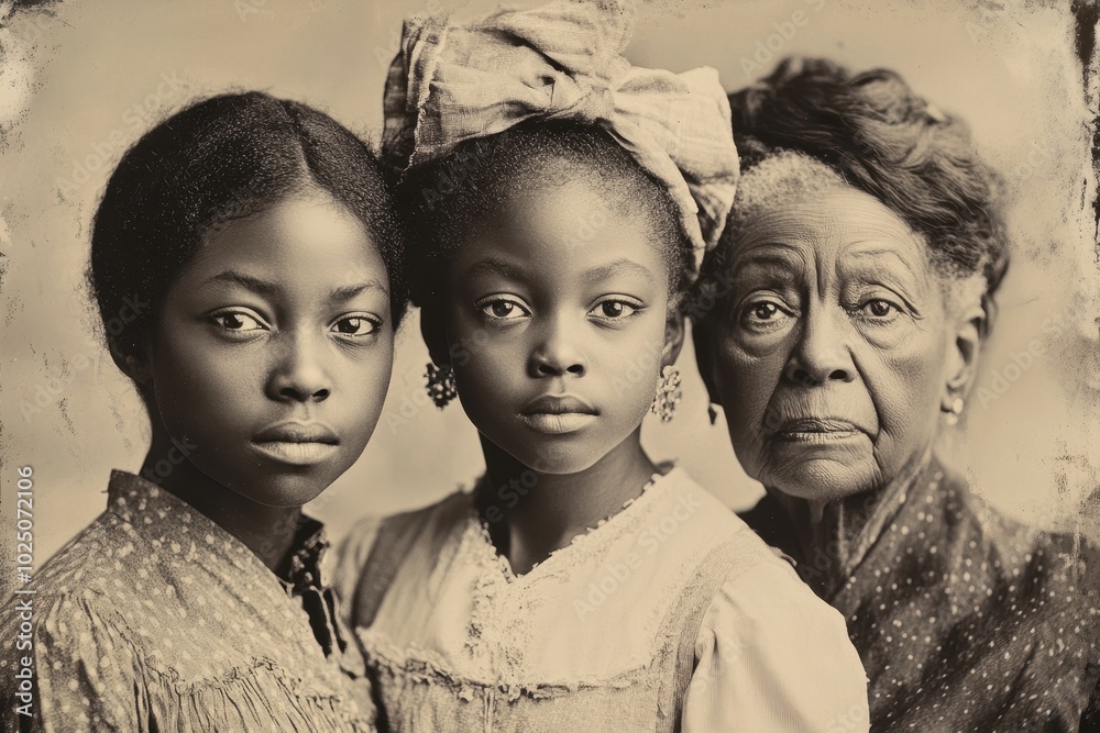 daguerreotype-style portrait of three generations of african American ...