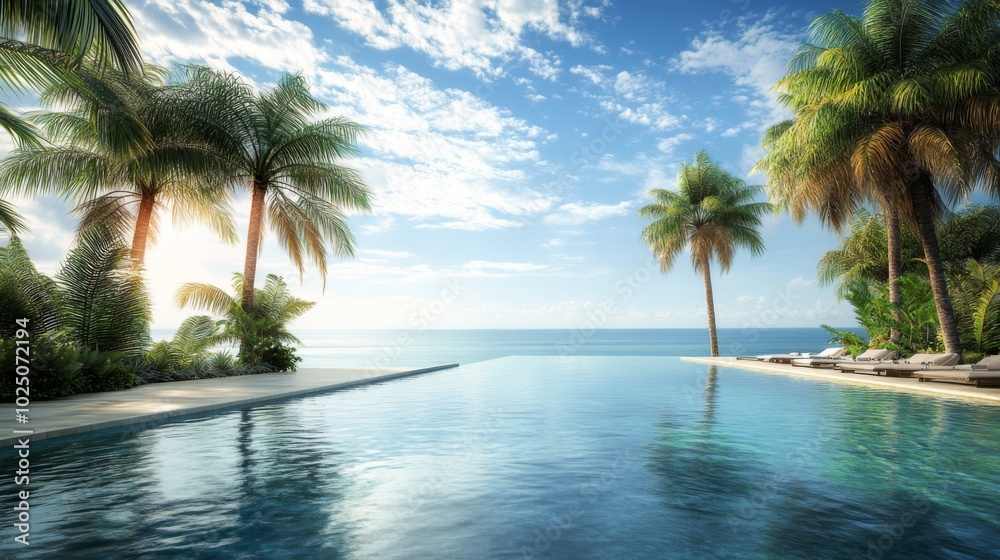 Infinity Pool Overlooking the Ocean with Palm Trees Infinity Pool Overlooking the Ocean with Palm Trees