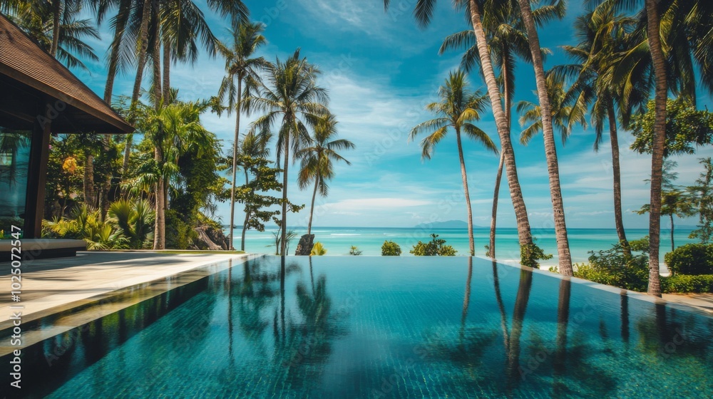 Infinity Pool With Palm Tree Reflections Overlooking Turquoise Ocean Infinity Pool With Palm Tree Reflections Overlooking Turquoise Ocean