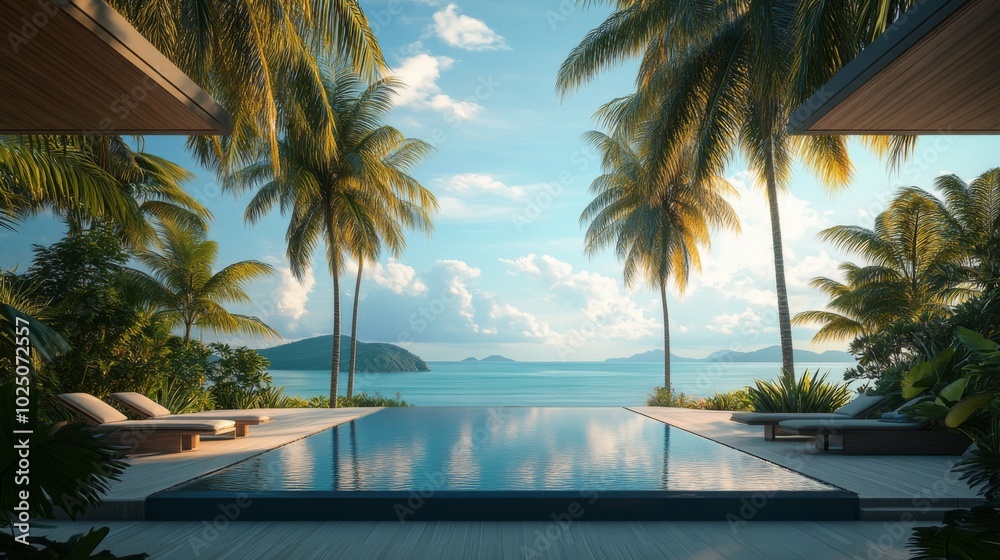 Fototapeta premium Infinity Pool Overlooking Tropical Ocean with Palm Trees
