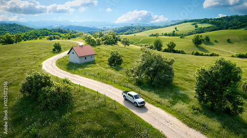 Car driving on a rural road near a house. photo