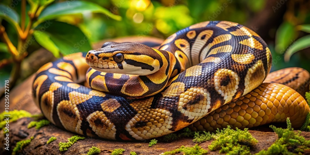 Fototapeta premium Captivating Pied Ball Python in Natural Habitat: A Stunning Example of Exotic Reptiles and Their Unique Color Patterns
