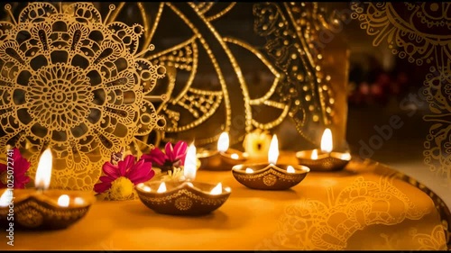 A video featuring traditional diya candles and a mandala pattern in the background. Candles are placed on the ground and illuminated, creating a warm glow around. The atmosphere of the Diwali festival