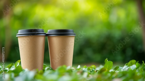 Coffee Break in Nature: Two eco-friendly paper coffee cups sit amidst lush green foliage, creating a serene and refreshing image perfect for promoting sustainability and outdoor relaxation. photo