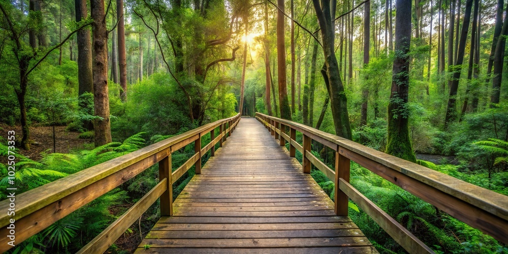 Obraz premium Wooden bridge walkway in forest trees