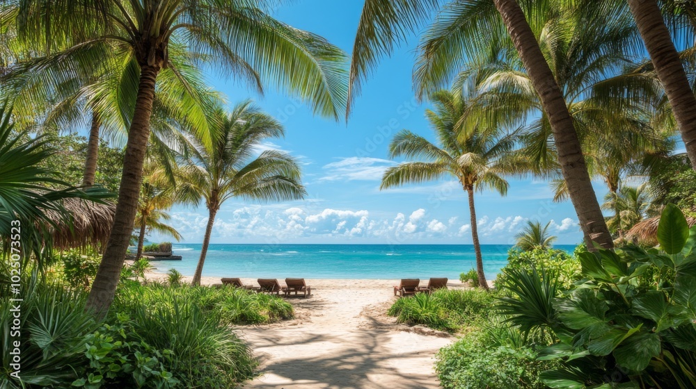Tropical Beach Path Leading to Lounge Chairs Under Palm Trees Tropical Beach Path Leading to Lounge Chairs Under Palm Trees
