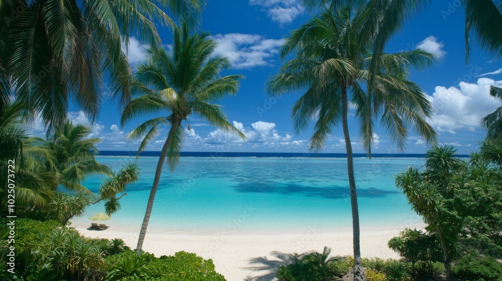 Palm Trees Frame a Tranquil Tropical Beach Scene Palm Trees Frame a Tranquil Tropical Beach Scene
