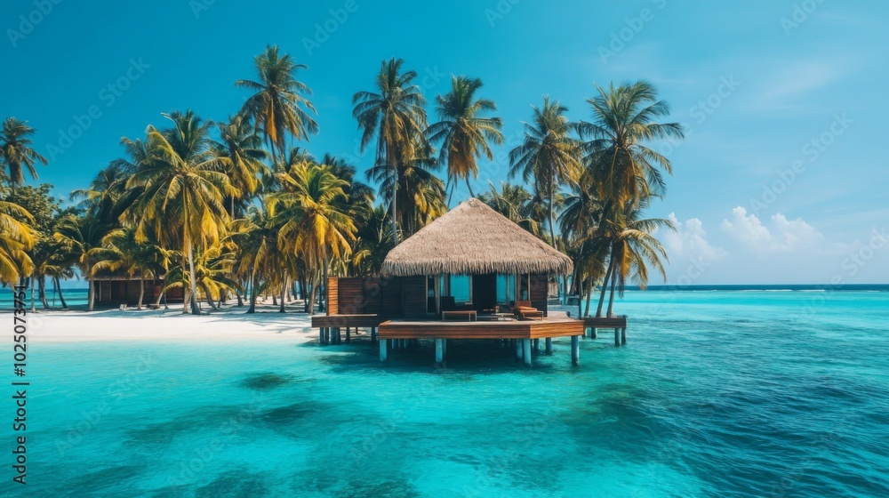 Tropical Beach Hut Overwater With Palm Trees And Turquoise Water Tropical Beach Hut Overwater With Palm Trees And Turquoise Water