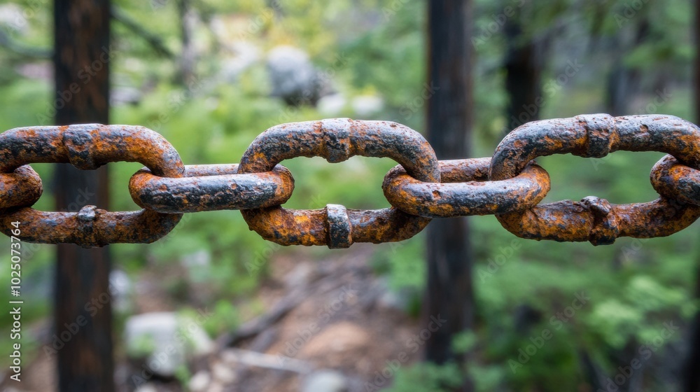 Detailed macro of corroded iron chains, with outdoor backdrop Detailed macro of corroded iron chains, with outdoor backdrop