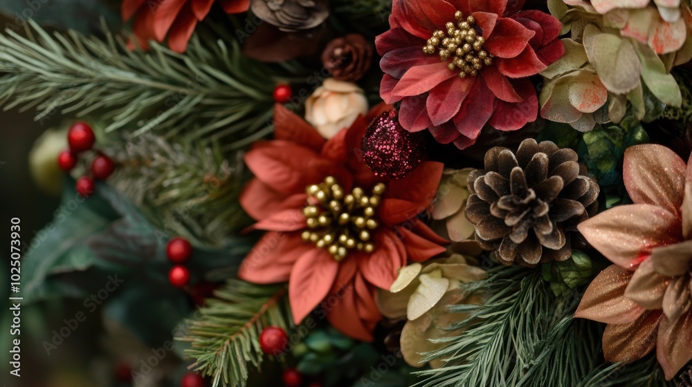Fototapeta premium A detailed close up of a lush decorated Christmas wreath