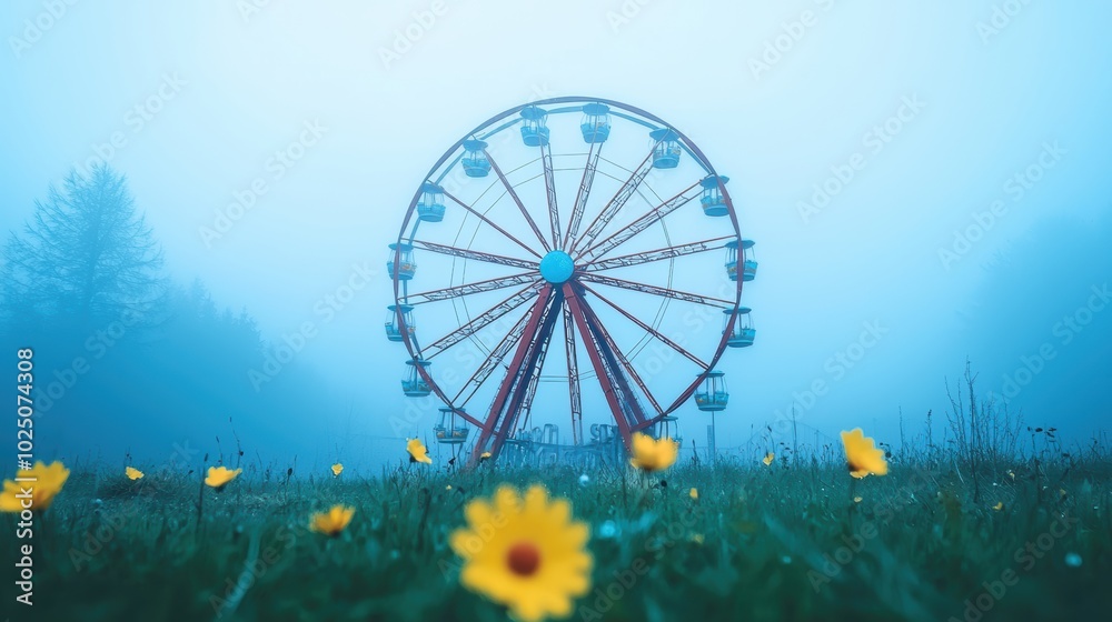 An old abandoned amusement park with a Ferris wheel slowly turning in the fog its ghostly silhouette looming in the mist as if still operational despite being deserted. An old abandoned amusement park with a Ferris wheel slowly turning in the fog its ghostly silhouette looming in the mist as if still operational despite being deserted.