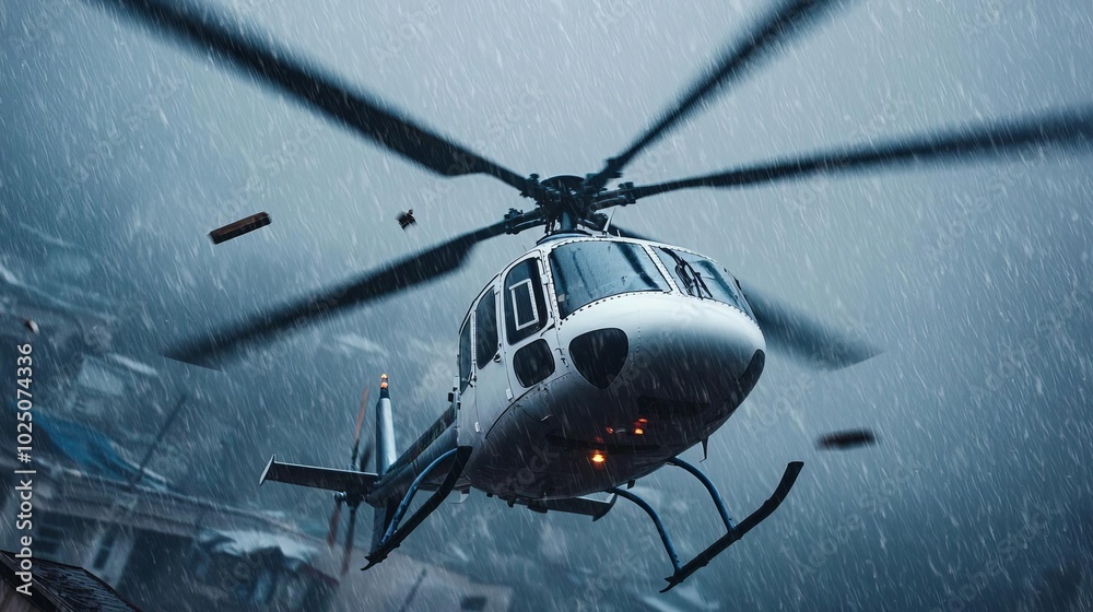 Helicopter rescue team pulling people from flooded rooftops during a ...