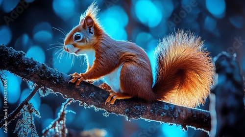 Red Squirrel Perched on a Branch in a Forest