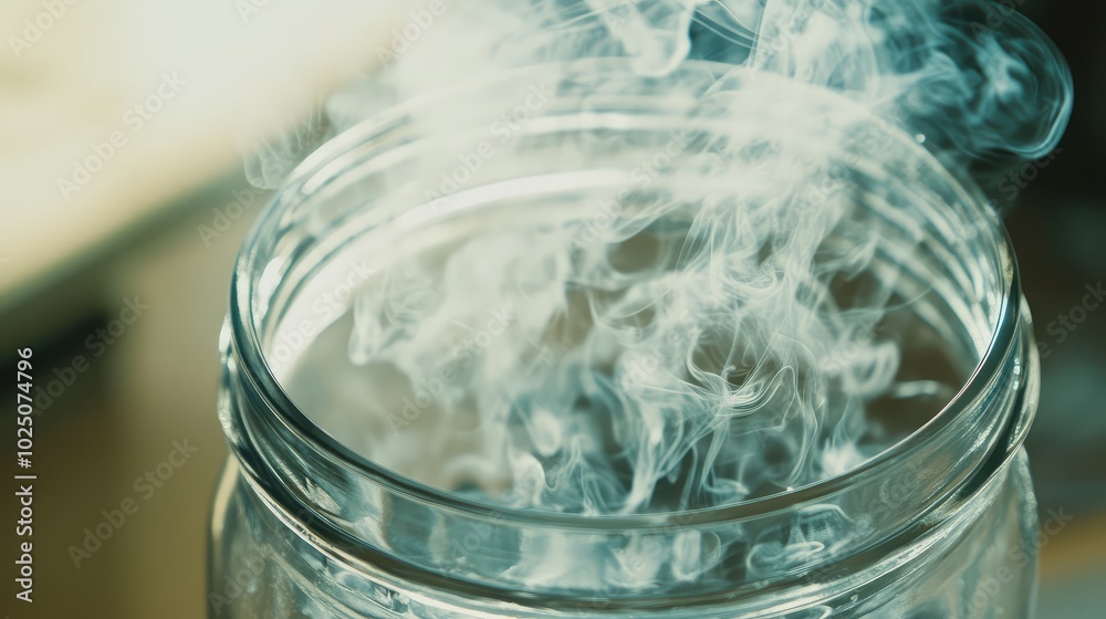 A glass jar filled with smoke, caught mid-swirl as it cascades from the top, with light highlighting the fine details of the smoke patterns A glass jar filled with smoke, caught mid-swirl as it cascades from the top, with light highlighting the fine details of the smoke patterns