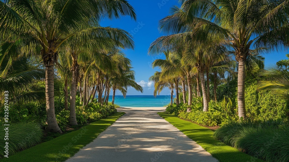 Palm Tree Lined Path Leading to a Tropical Beach Palm Tree Lined Path Leading to a Tropical Beach
