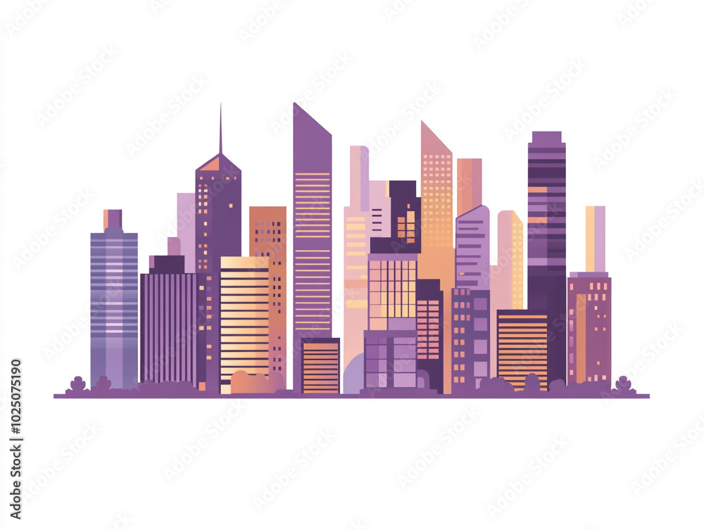 An illustration of modern city buildings, simple flat design with clean lines in shades of brown and purple on a white background. An illustration of modern city buildings, simple flat design with clean lines in shades of brown and purple on a white background.