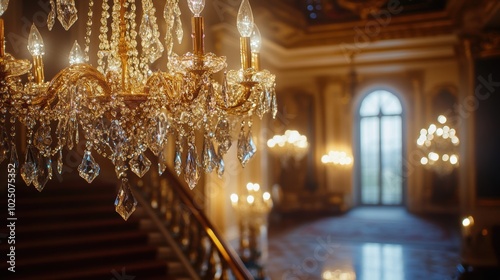 An opulent entryway with close up of a sparkling and dazzling chandelier, crystals reflecting lights, soft focused background