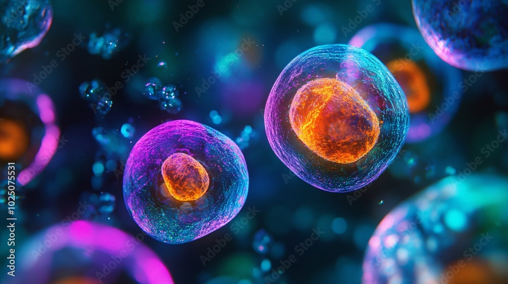 Microscope view of bioengineered cells glowing in different colors breakthrough biotech research vibrant hues advanced microscopic technology Microscope view of bioengineered cells glowing in different colors breakthrough biotech research vibrant hues advanced microscopic technology