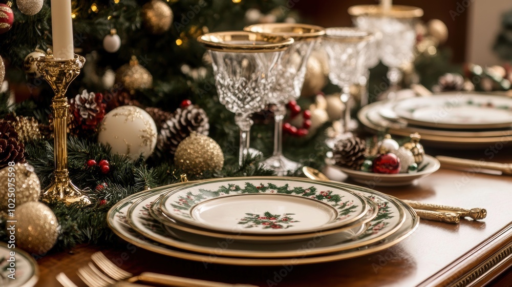 close-up of a Christmas dinner table decorated with elegant plates and festive decorations close-up of a Christmas dinner table decorated with elegant plates and festive decorations