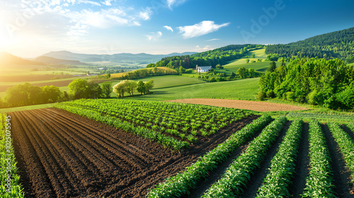 Scenic view of lush green fields at sunrise