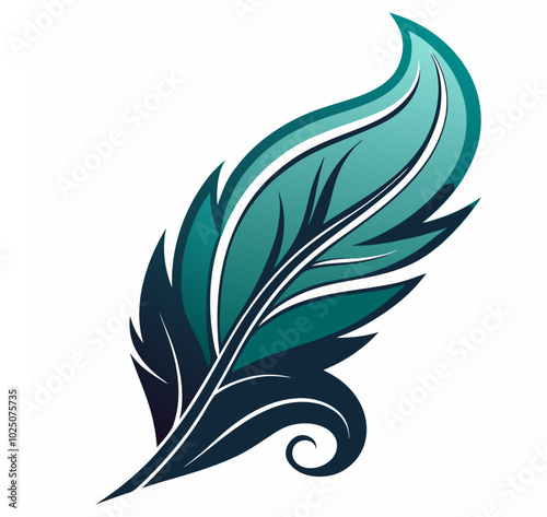 Vector illustration of a stationary writing bird feather and ink pen close-up, a silhouette of a bird feather ink quill pen writing curves, and an icon.