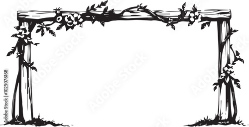A rustic archway framed by leafy vines and blooming flowers. 