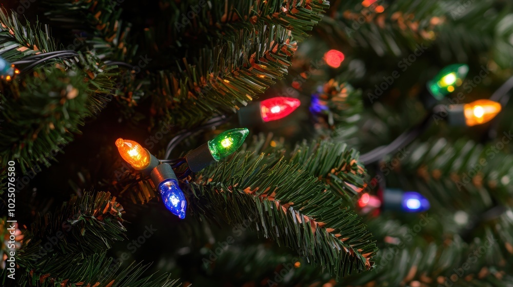 A close-up of colorful garland lights wrapped around Christmas tree branch A close-up of colorful garland lights wrapped around Christmas tree branch