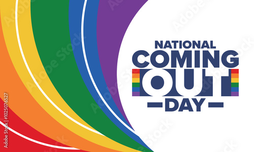 National Coming Out Day. Happy holiday. Pride month. LGBT rainbow flag. Diversity and equality. Gay and lesbian. Free love, heart shape. Illustration. Vector poster