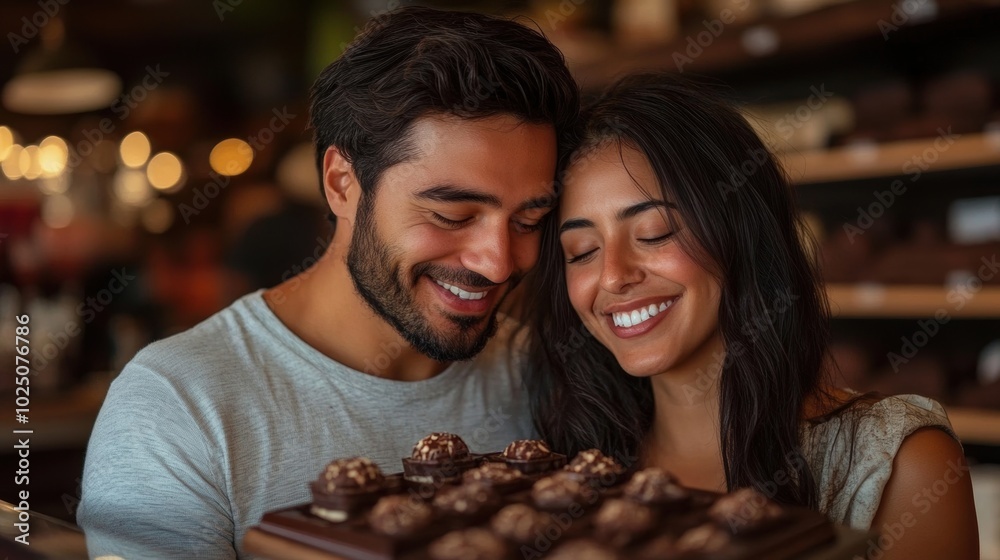 A young Hispanic couple in their early 30s, the man with a short beard and the woman with long black hair, both wearing casual outfits, tasting artisanal chocolate samples at a gourmet shop A young Hispanic couple in their early 30s, the man with a short beard and the woman with long black hair, both wearing casual outfits, tasting artisanal chocolate samples at a gourmet shop