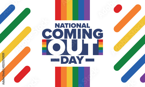 National Coming Out Day. Happy holiday. Pride month. LGBT rainbow flag. Diversity and equality. Gay and lesbian. Free love, heart shape. Illustration. Vector poster