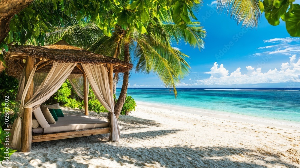 Tropical Beach Hut with White Curtains and Pillows Tropical Beach Hut with White Curtains and Pillows