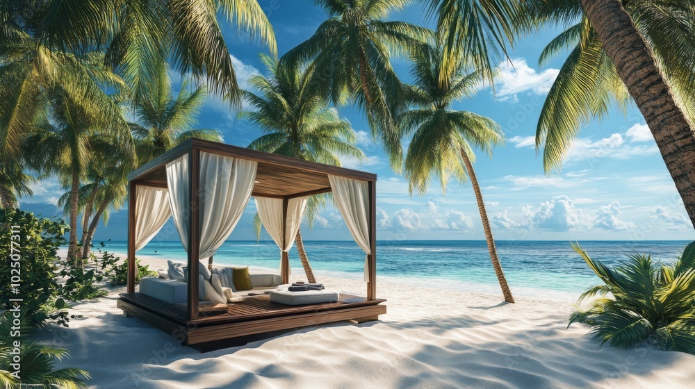 Fototapeta premium Tropical Beach Cabana with White Curtains and Ocean View