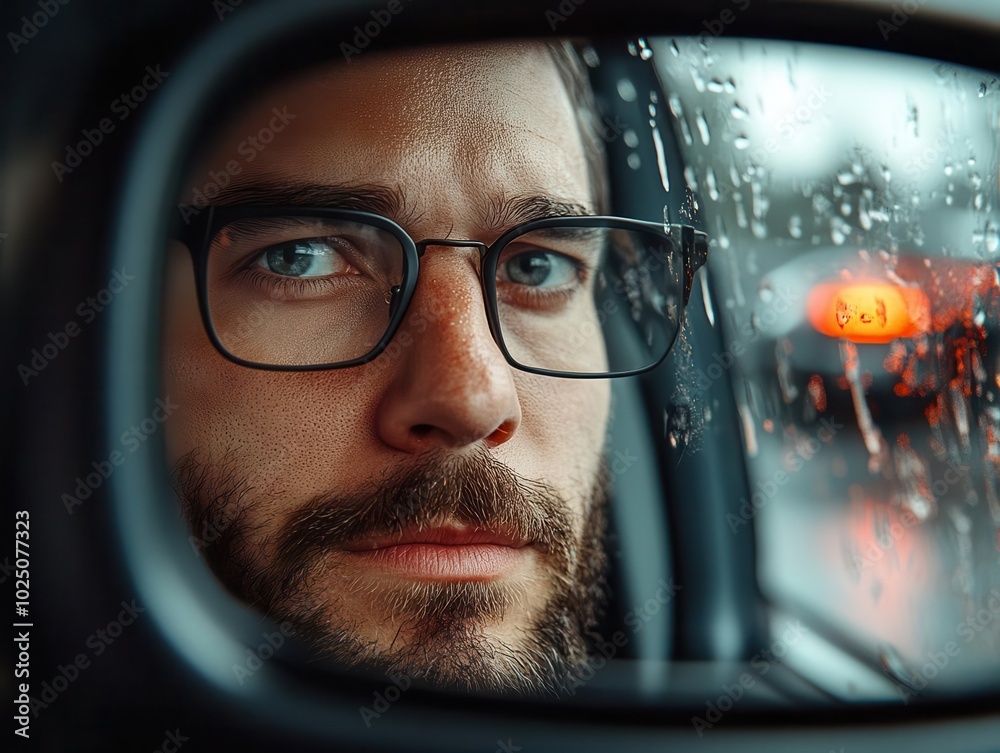 A close-up of a man with glasses, reflecting thoughtful emotions in a rainy car side mirror. A close-up of a man with glasses, reflecting thoughtful emotions in a rainy car side mirror.