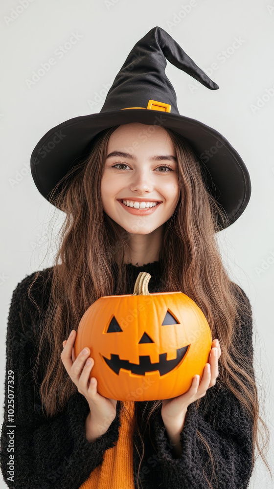 Fototapeta premium Smiling girl in Halloween witch costume holding pumpkin