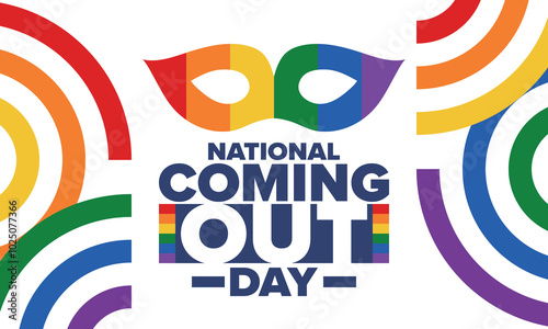 National Coming Out Day. Happy holiday. Pride month. LGBT rainbow flag. Diversity and equality. Gay and lesbian. Free love, heart shape. Illustration. Vector poster