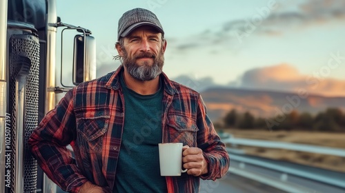 Male trucker with a coffee mug in hand, standing beside his semitruck, enjoying a quiet moment at sunrise