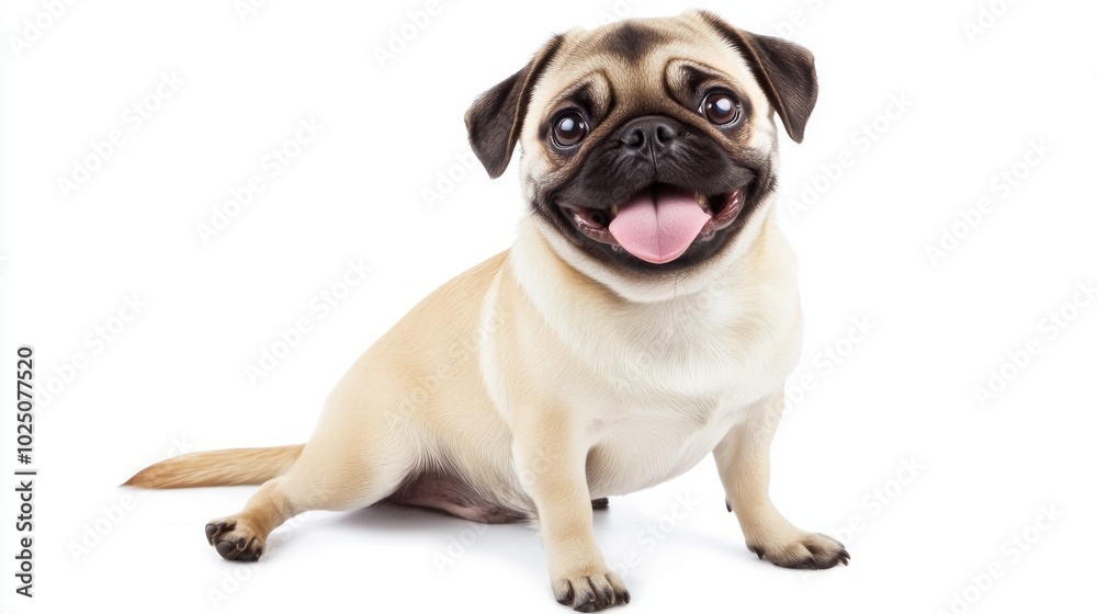 A happy pug dog with a big smile, sitting on a white background. A happy pug dog with a big smile, sitting on a white background.