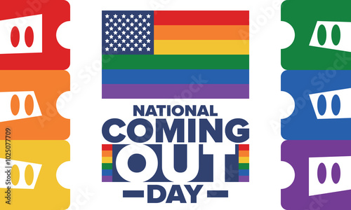 National Coming Out Day. Happy holiday. Pride month. LGBT rainbow flag. Diversity and equality. Gay and lesbian. Free love, heart shape. Illustration. Vector poster