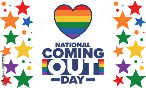 National Coming Out Day. Happy holiday. Pride month. LGBT rainbow flag. Diversity and equality. Gay and lesbian. Free love, heart shape. Illustration. Vector poster