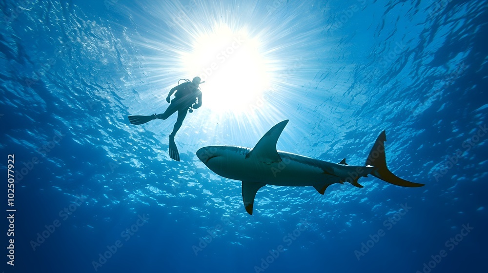 Obraz premium Thrilling Deep Sea Exploration - Diver Surrounded by Coral Reef and Marine Life with Shark Silhouette in Sunlit Blue Waters