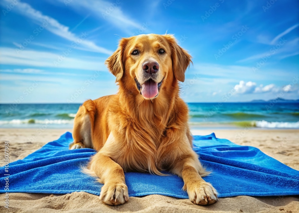 Charming ginger toller on blue blanket at beach waiting for owner during summer holiday vacation with best friend Charming ginger toller on blue blanket at beach waiting for owner during summer holiday vacation with best friend