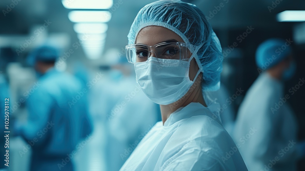 A hospital scene with doctors on blurred background, A hospital scene with doctors on blurred background,