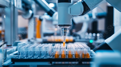 Close-up of advanced pipetting robots handling genetic samples in a biotechnology lab precise genetic work advanced robotics high-tech lab environment