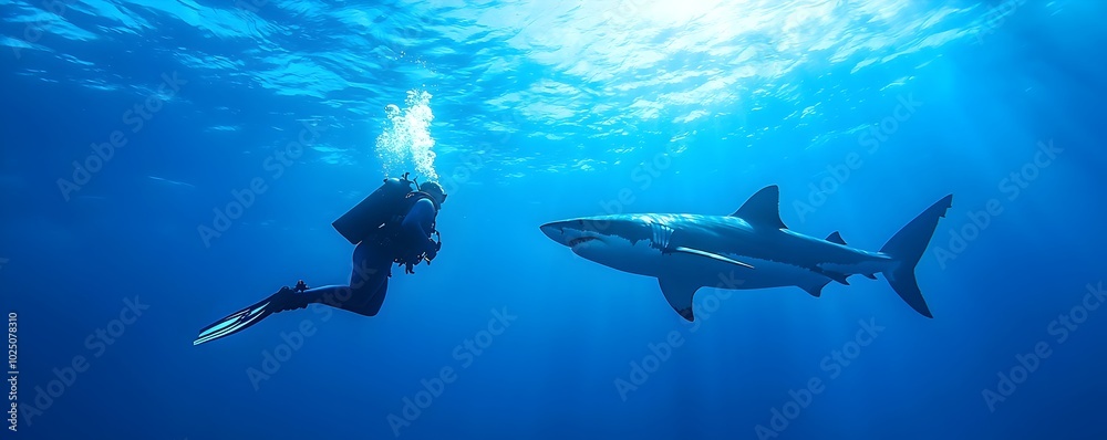 Obraz premium Thrilling Dive in Strong Currents with Shark Silhouette - Experience the Ultimate Adventure Underwater with Intense Motion and Endurance